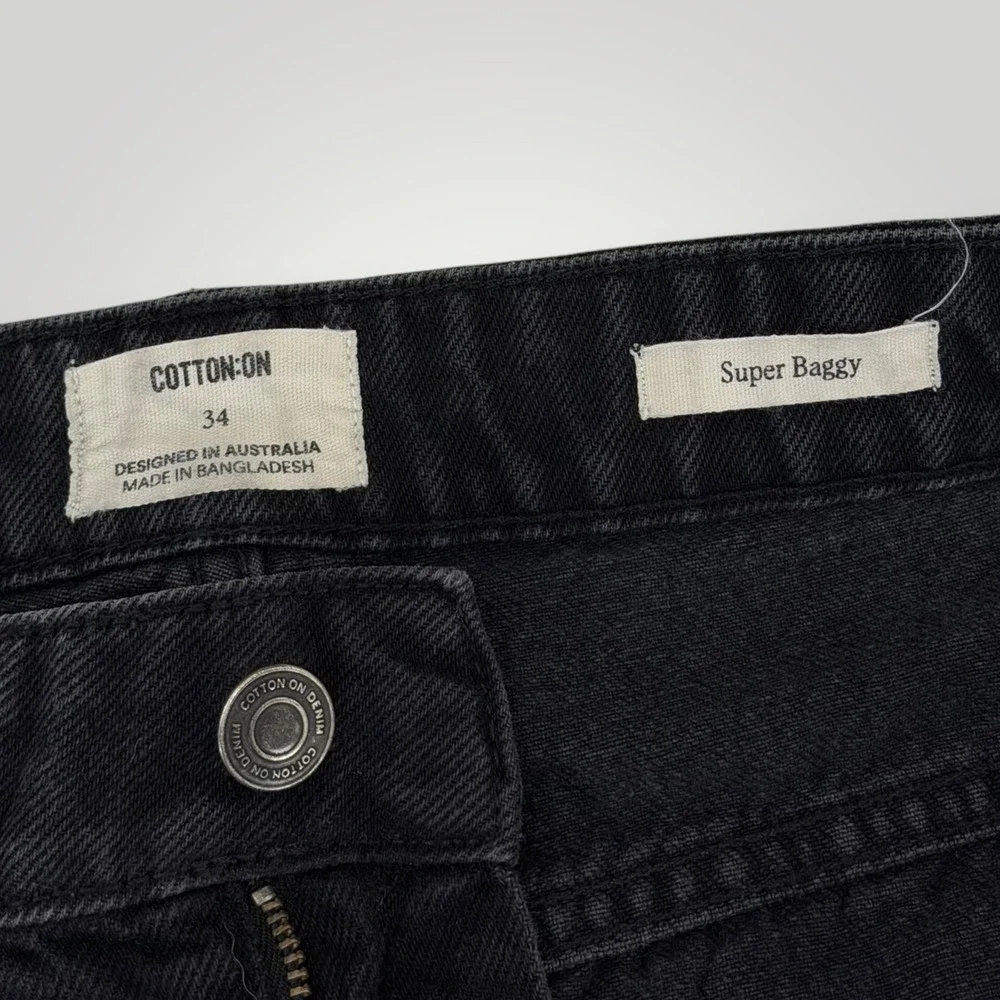 Cotton On Super Baggy Mens Jeans Washed Black Wide Leg Distressed Hem 34x30